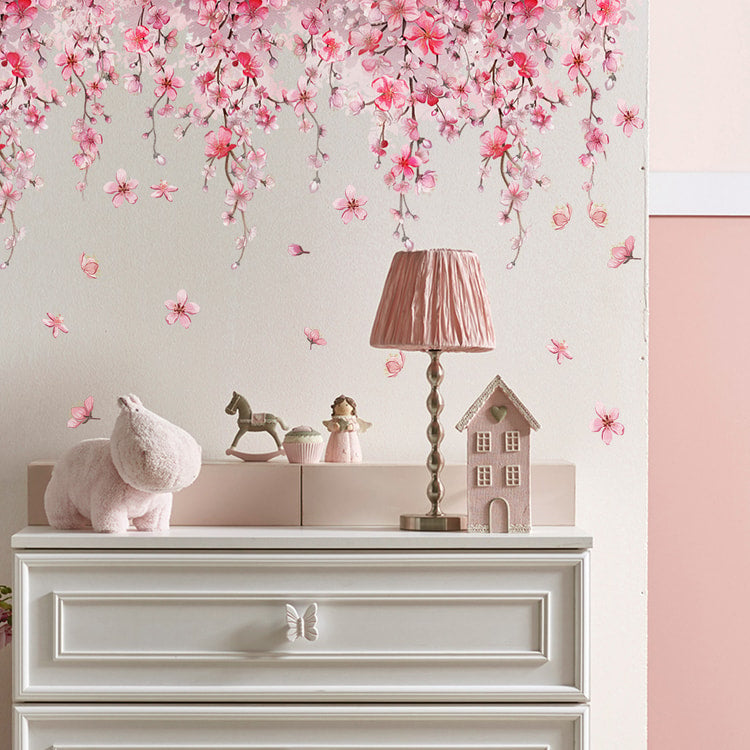 Cherry Blossom Pink Flower Vine Wall Sticker For Bedroom Living Room Home Decor