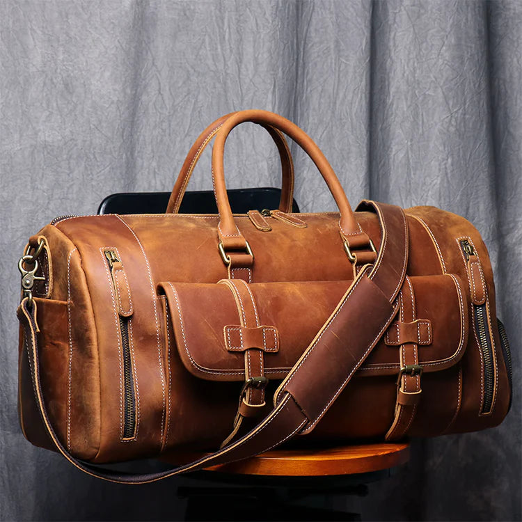 Large Weekend Tote Bag for Men, Vintage Crazy Horse Leather Travel Duffle, Genuine Leather Large Luggage Carry Bag