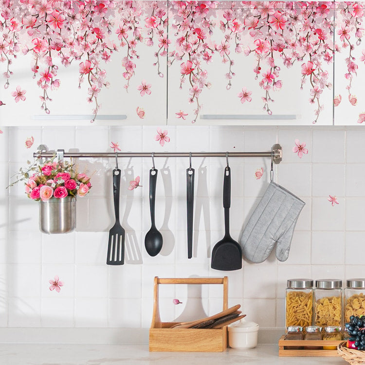 Cherry Blossom Pink Flower Vine Wall Sticker For Bedroom Living Room Home Decor
