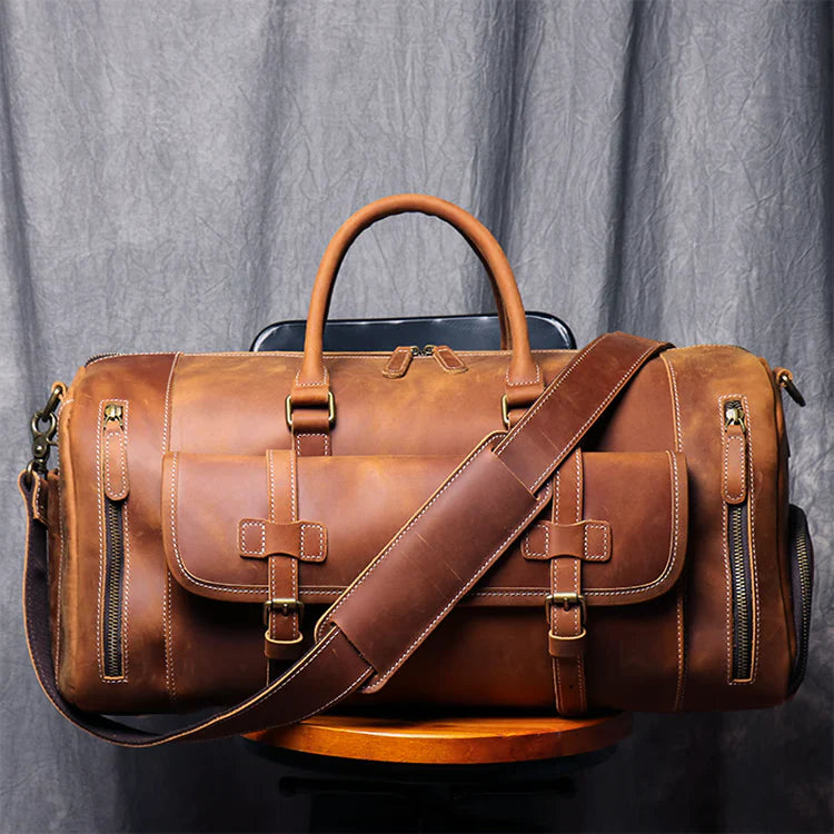 Large Weekend Tote Bag for Men, Vintage Crazy Horse Leather Travel Duffle, Genuine Leather Large Luggage Carry Bag