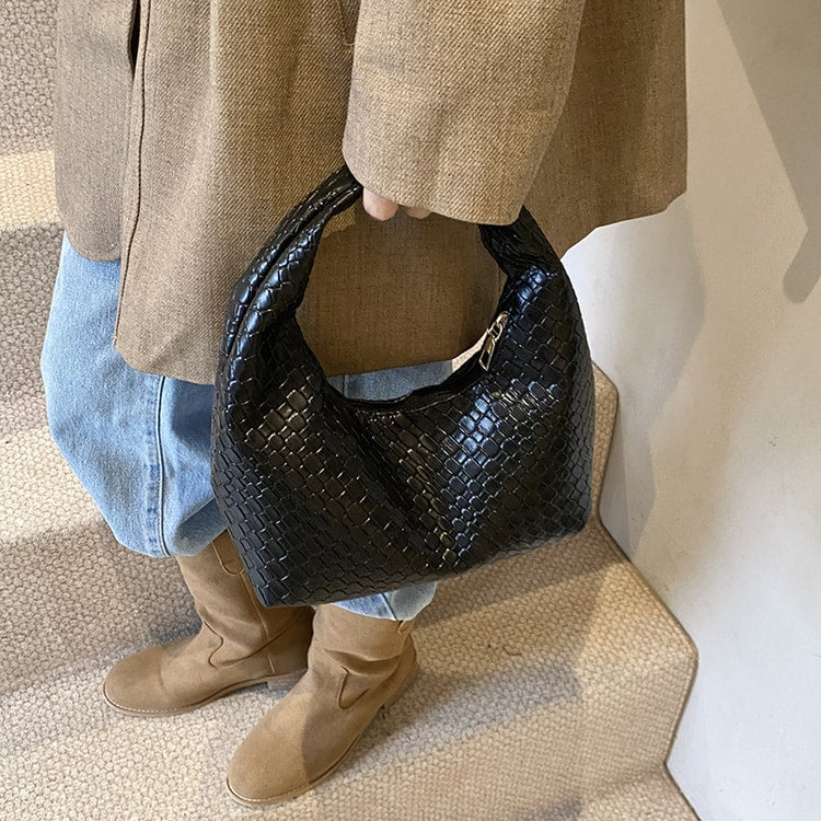 Small Top-Handle Shoulder Bag for Women, Classic Fashion Woven Embossed Hobo PU Leather Handbag