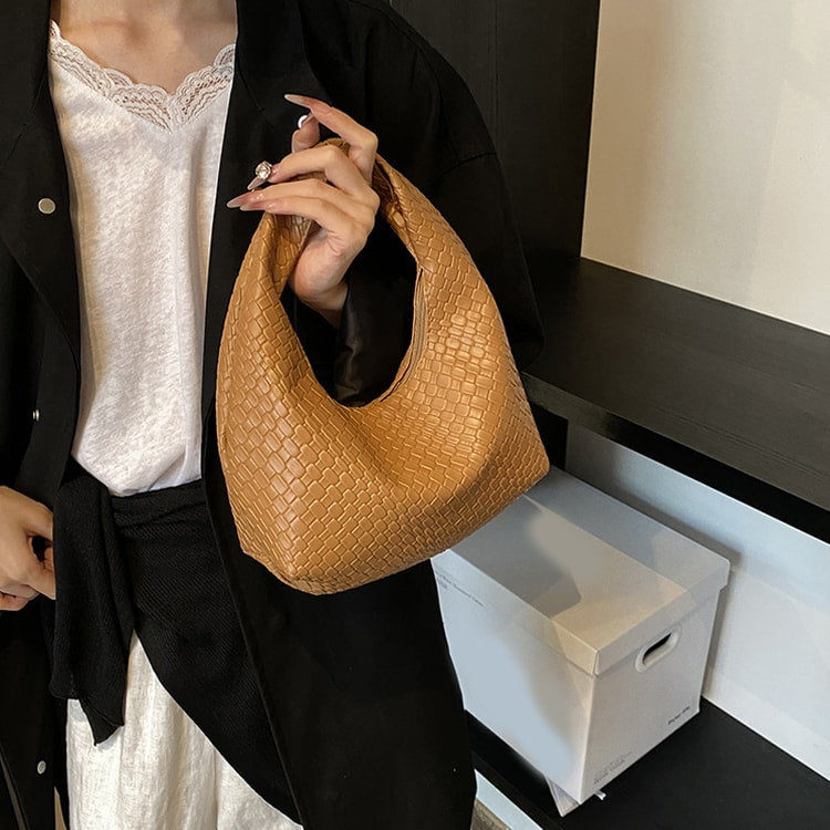 Small Top-Handle Shoulder Bag for Women, Classic Fashion Woven Embossed Hobo PU Leather Handbag
