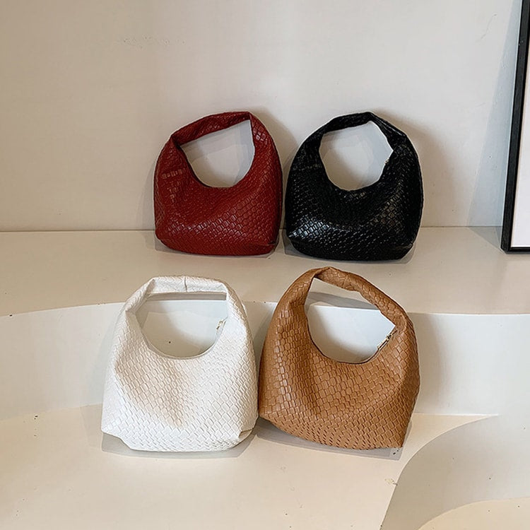 Small Top-Handle Shoulder Bag for Women, Classic Fashion Woven Embossed Hobo PU Leather Handbag