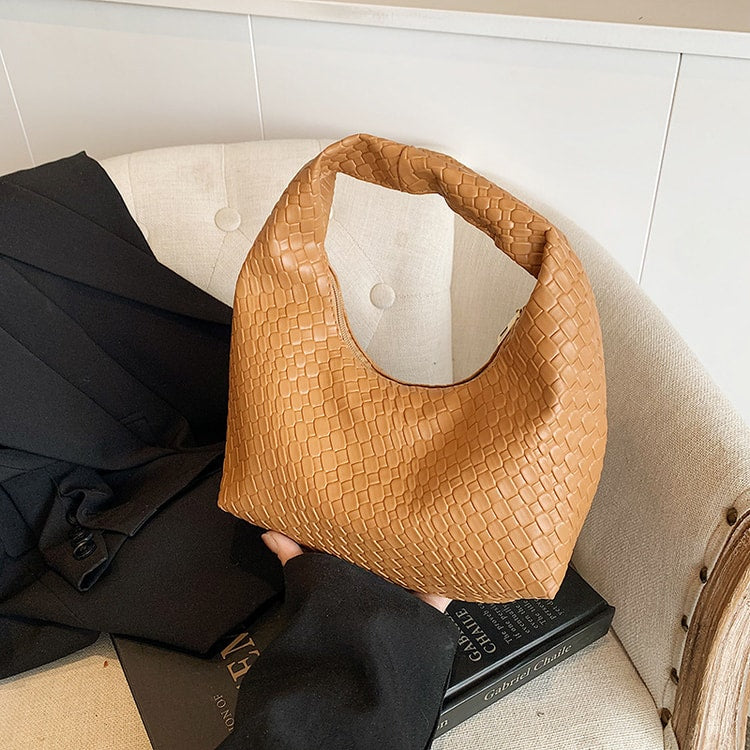 Small Top-Handle Shoulder Bag for Women, Classic Fashion Woven Embossed Hobo PU Leather Handbag