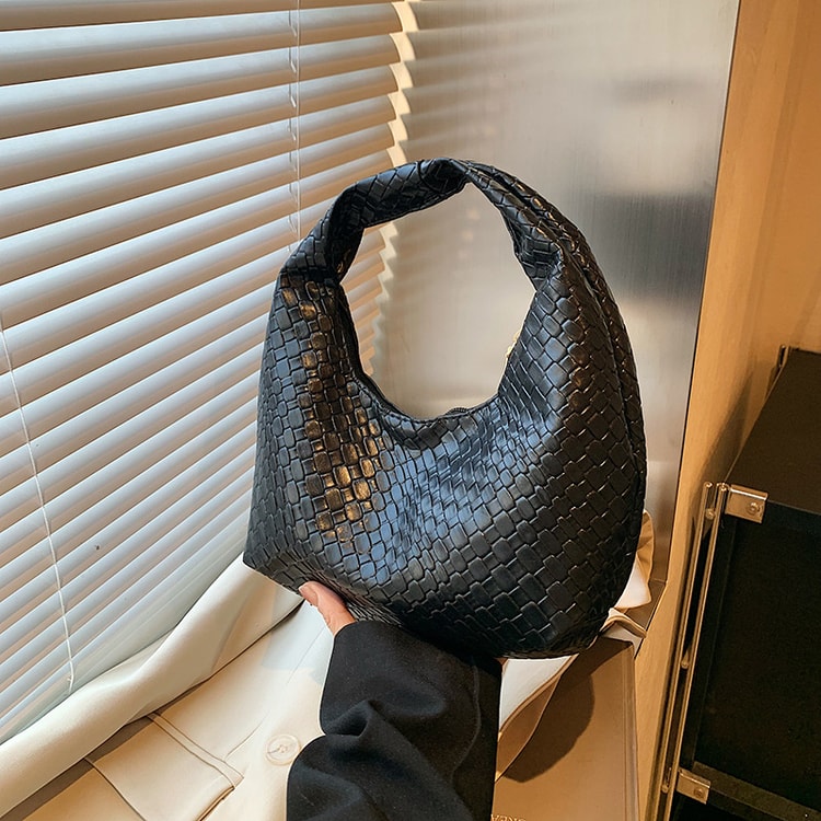 Small Top-Handle Shoulder Bag for Women, Classic Fashion Woven Embossed Hobo PU Leather Handbag