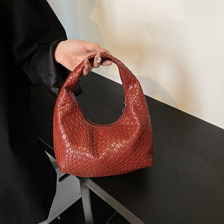 Small Top-Handle Shoulder Bag for Women, Classic Fashion Woven Embossed Hobo PU Leather Handbag